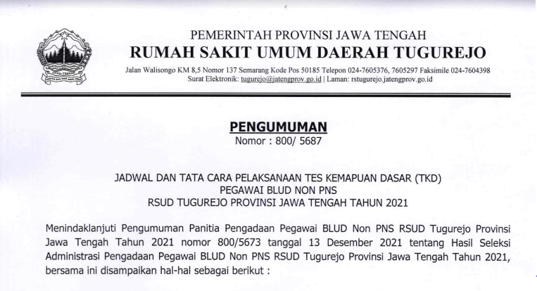Jadwal dan Tata Cara Pelaksanaan Tes Kemampuan Dasar (TKD) Penerimaan Pegawai BLUD RSUD Tugurejo Provinsi Jawa Tengah Tahun 2021